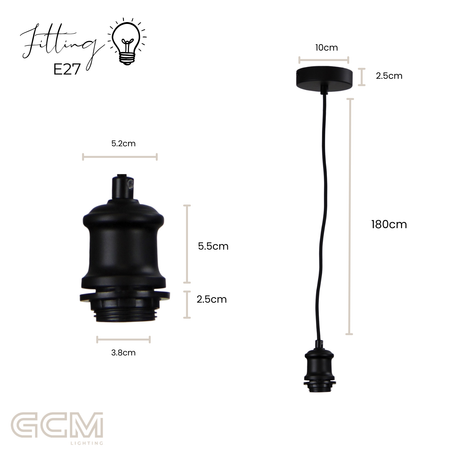 Vintage Cord Suspension Kit Black - E27 - 180cm