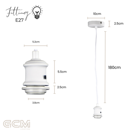 Vintage Cord Suspension Kit White - E27 - 180cm