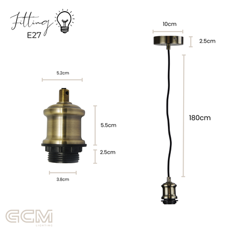 Vintage Cord Suspension Kit Antique Brass - E27 - 180cm
