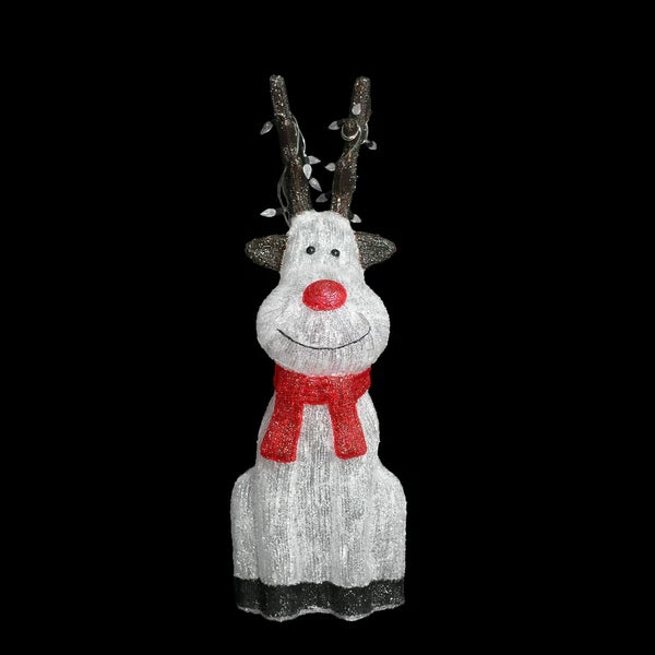 Acrylic Sitting Red Nose Reindeer with Christmas Lights - H90cm