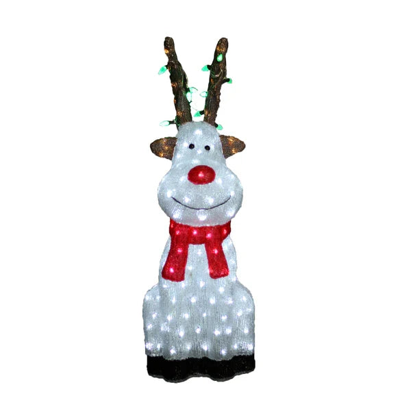 Acrylic Sitting Red Nose Reindeer with Christmas Lights - H90cm