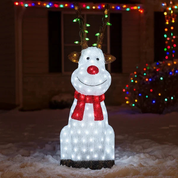 Acrylic Sitting Red Nose Reindeer with Christmas Lights - H90cm